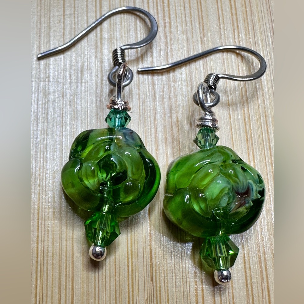 Green Flower Glass Beaded Earrings by Shanstones